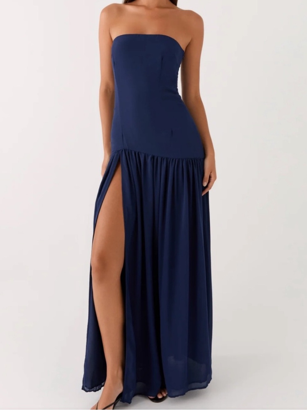 Peppermayo Navy Strapless Slit Maxi Dress